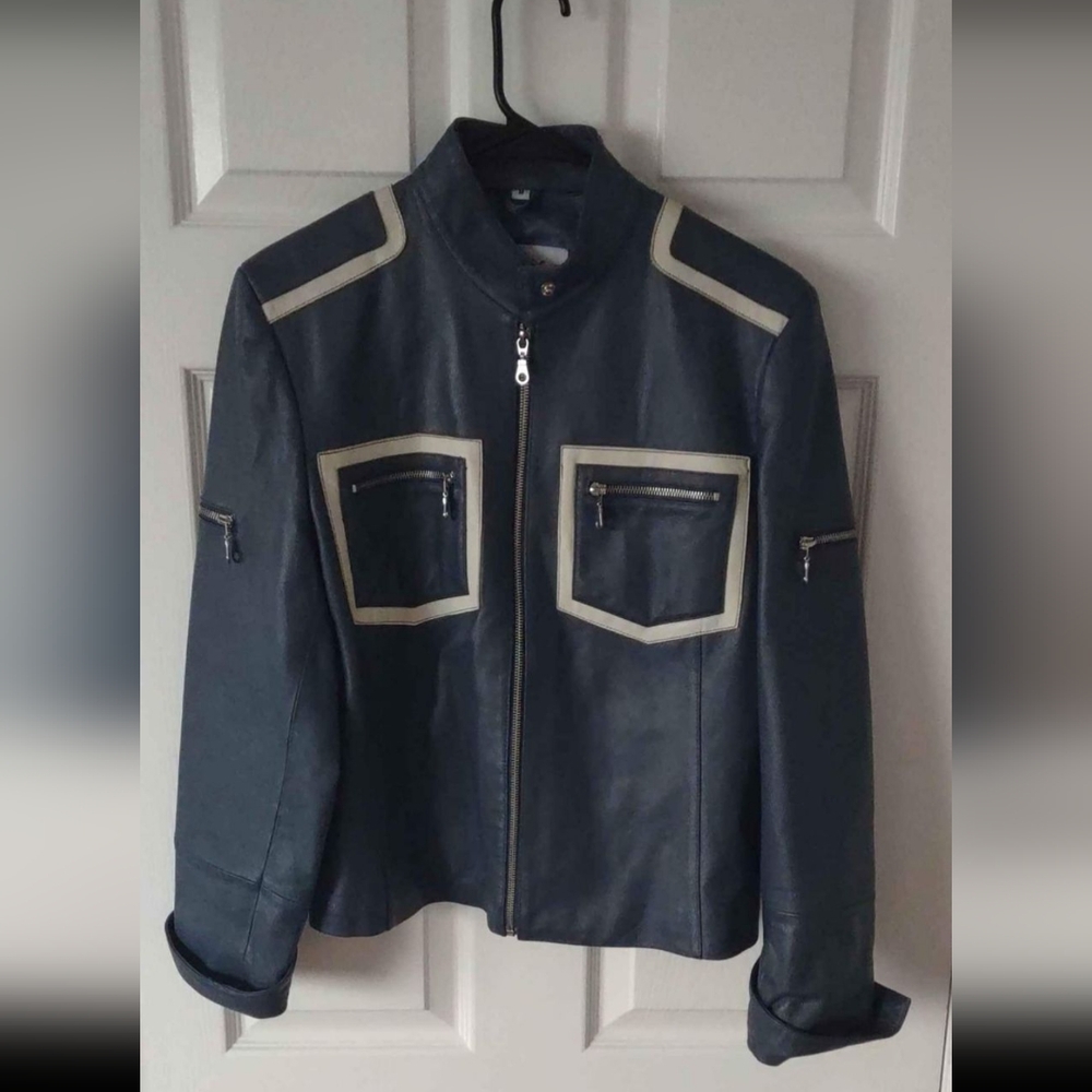 PAMELA McCOY Retro Style Blue Leather Zip Moto Jacket